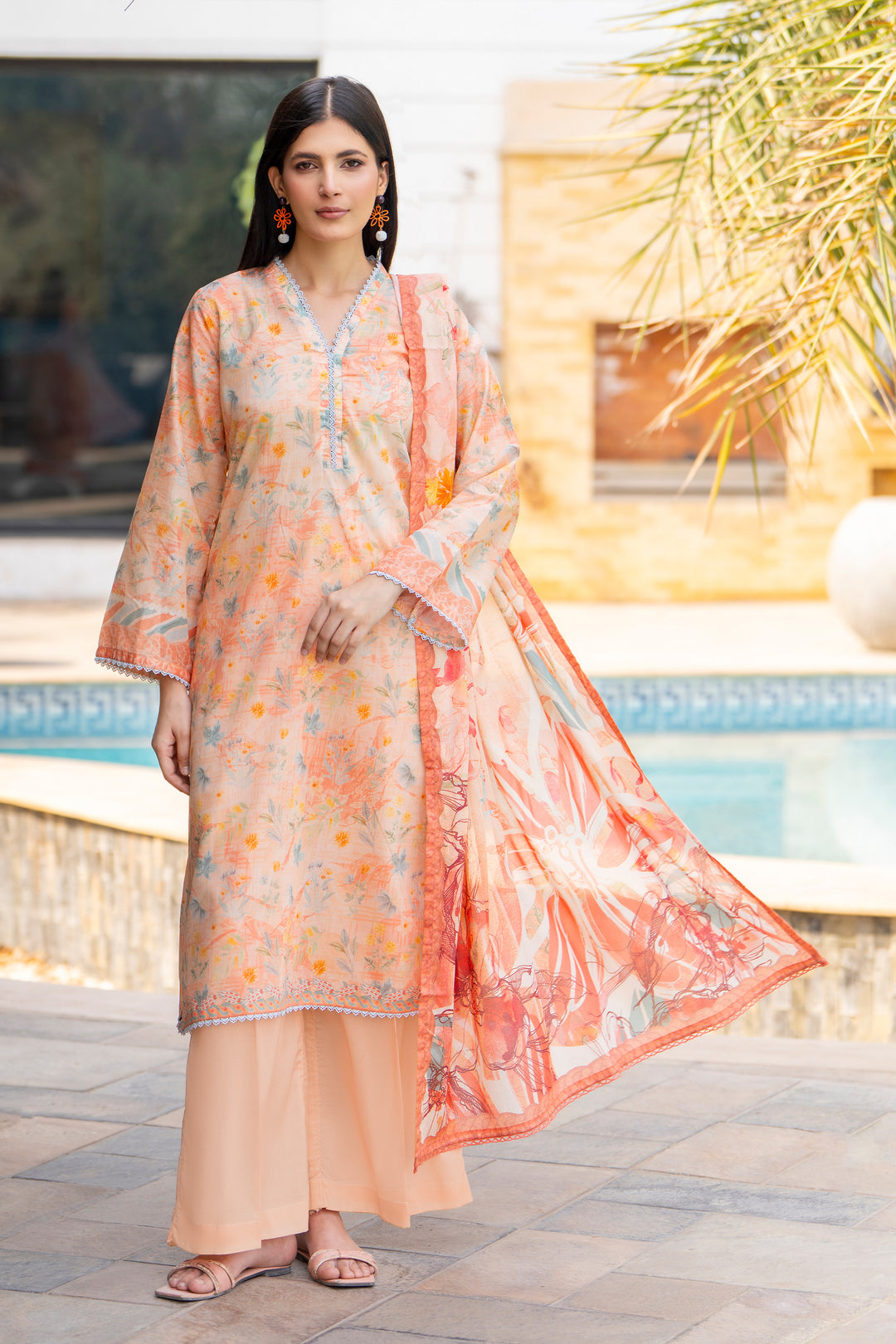 3 PC Unstitched Orange Lawn - SU25V18-S6 - JACQUARD CLOTHING