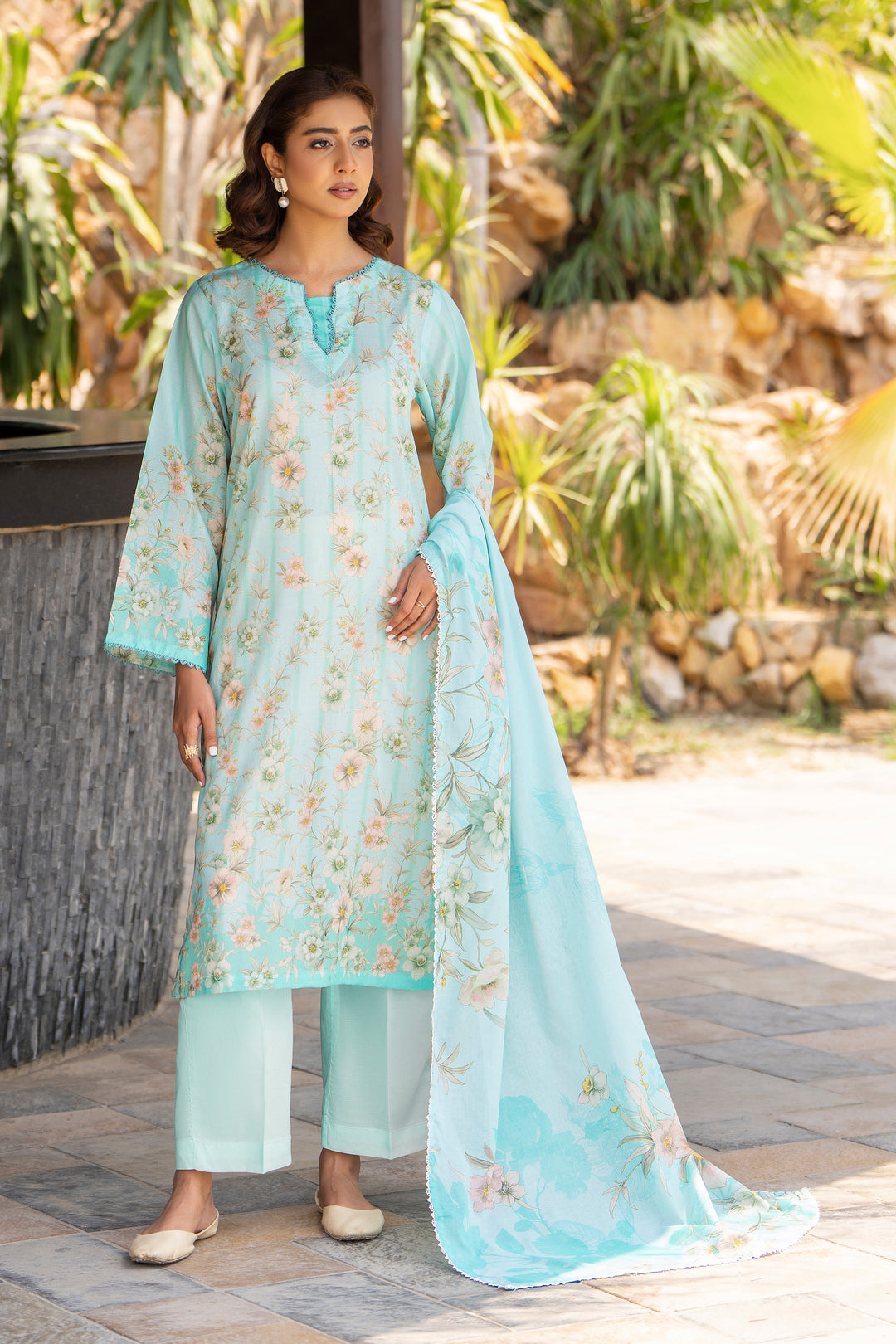 3 Pcs Unstitched Aqua Blue Lawn - SU25V18-S2 - JACQUARD CLOTHING