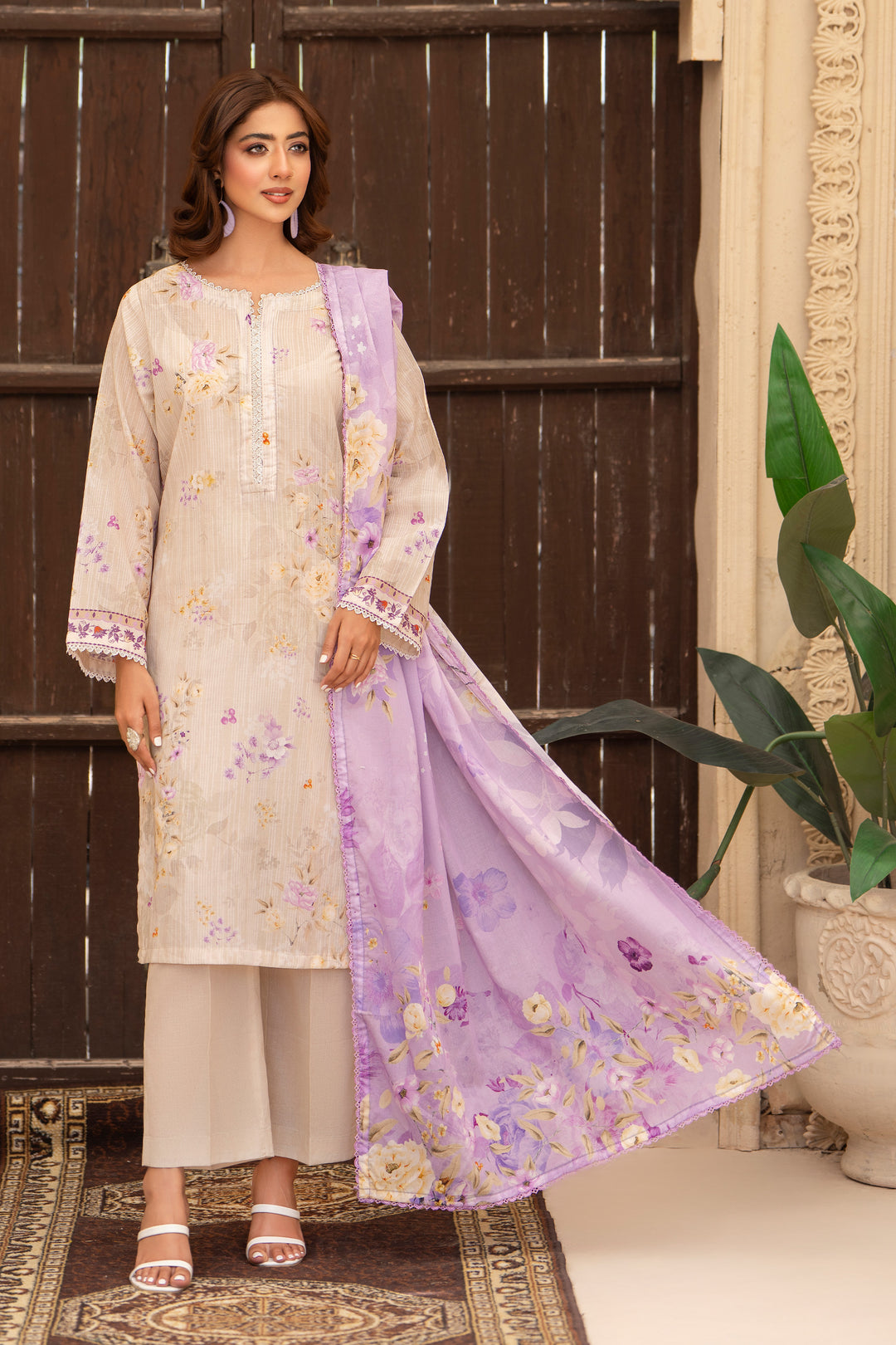 3 Pcs Unstitched Beige Lawn - SU25V19-S4 - JACQUARD CLOTHING