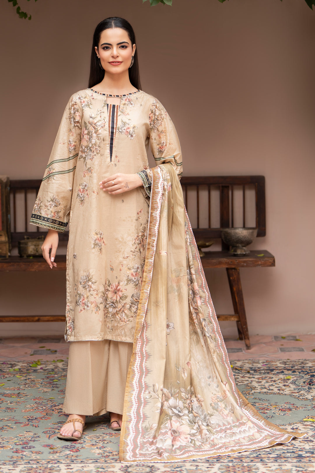 3 Pcs Unstitched Beige Lawn - SU25V24-S6- JACQUARD CLOTHING