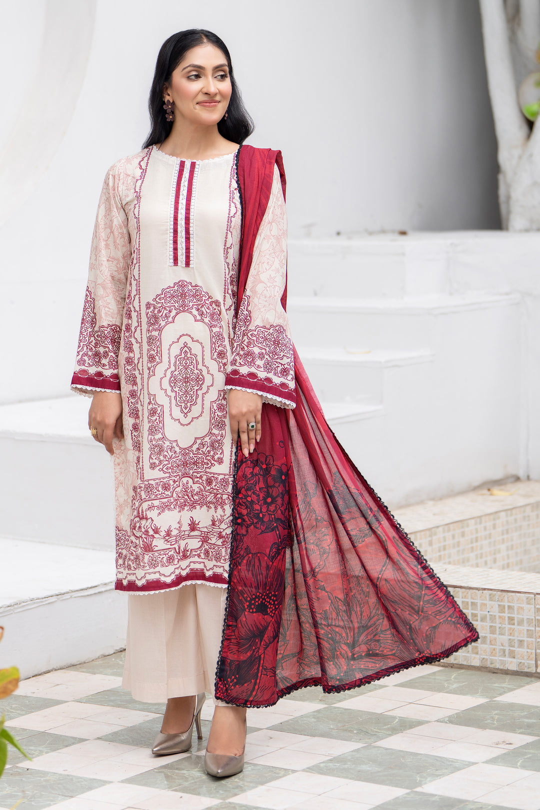 3 Pcs Unstitched Beige Premium Lawn - SU25V33-S1 - JACQUARD CLOTHING