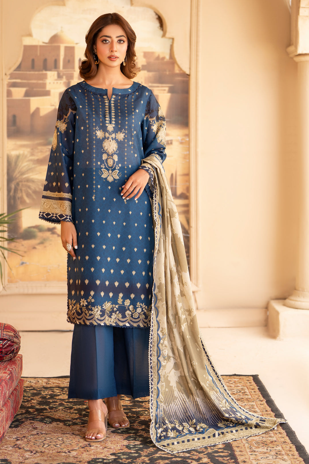 3 Pcs Unstitched Blue Lawn - SU25V19-S2 - JACQUARD CLOTHING