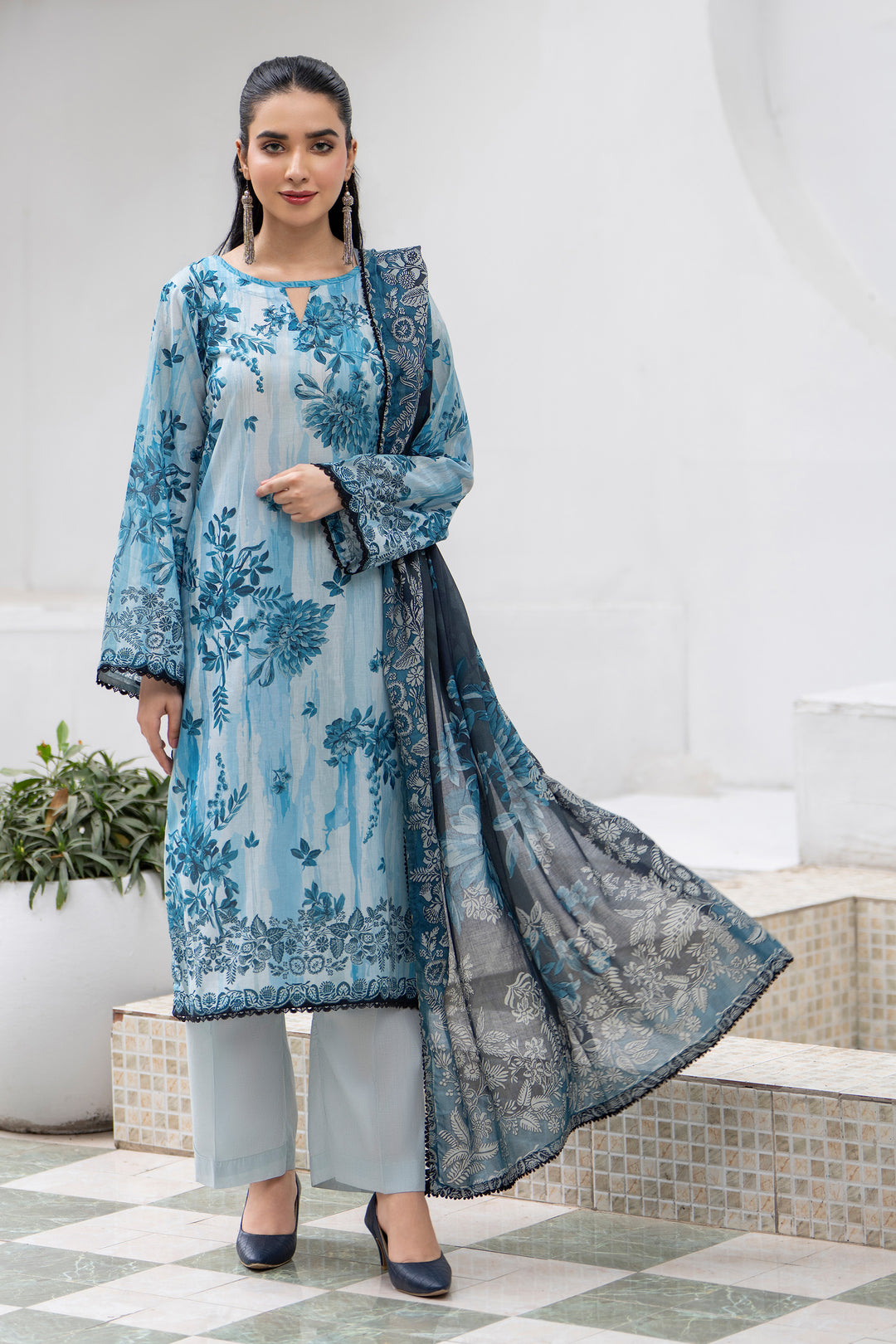 3 Pcs Unstitched Blue Premium Lawn - SU25V32-S2 - JACQUARD CLOTHING