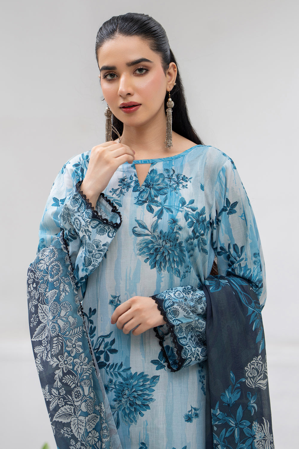 3 Pcs Unstitched Blue Premium Lawn - SU25V32-S2 - JACQUARD CLOTHING