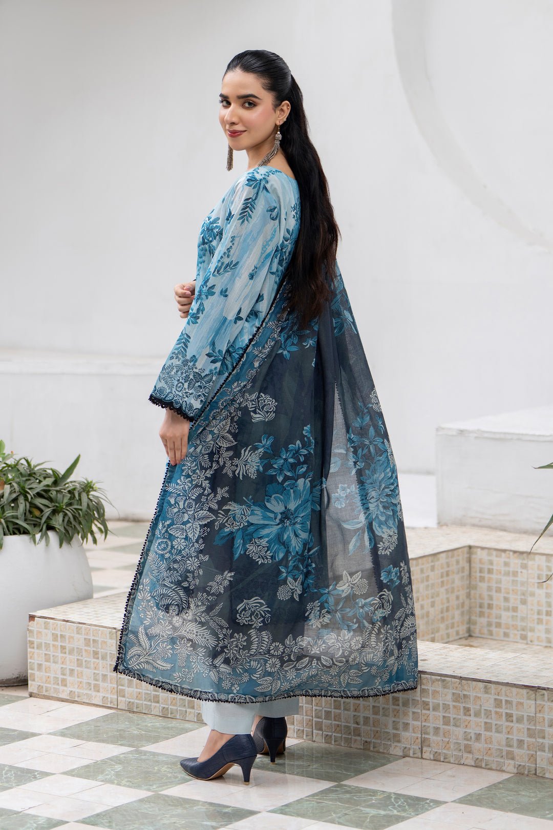 3 Pcs Unstitched Blue Premium Lawn - SU25V32-S2 - JACQUARD CLOTHING