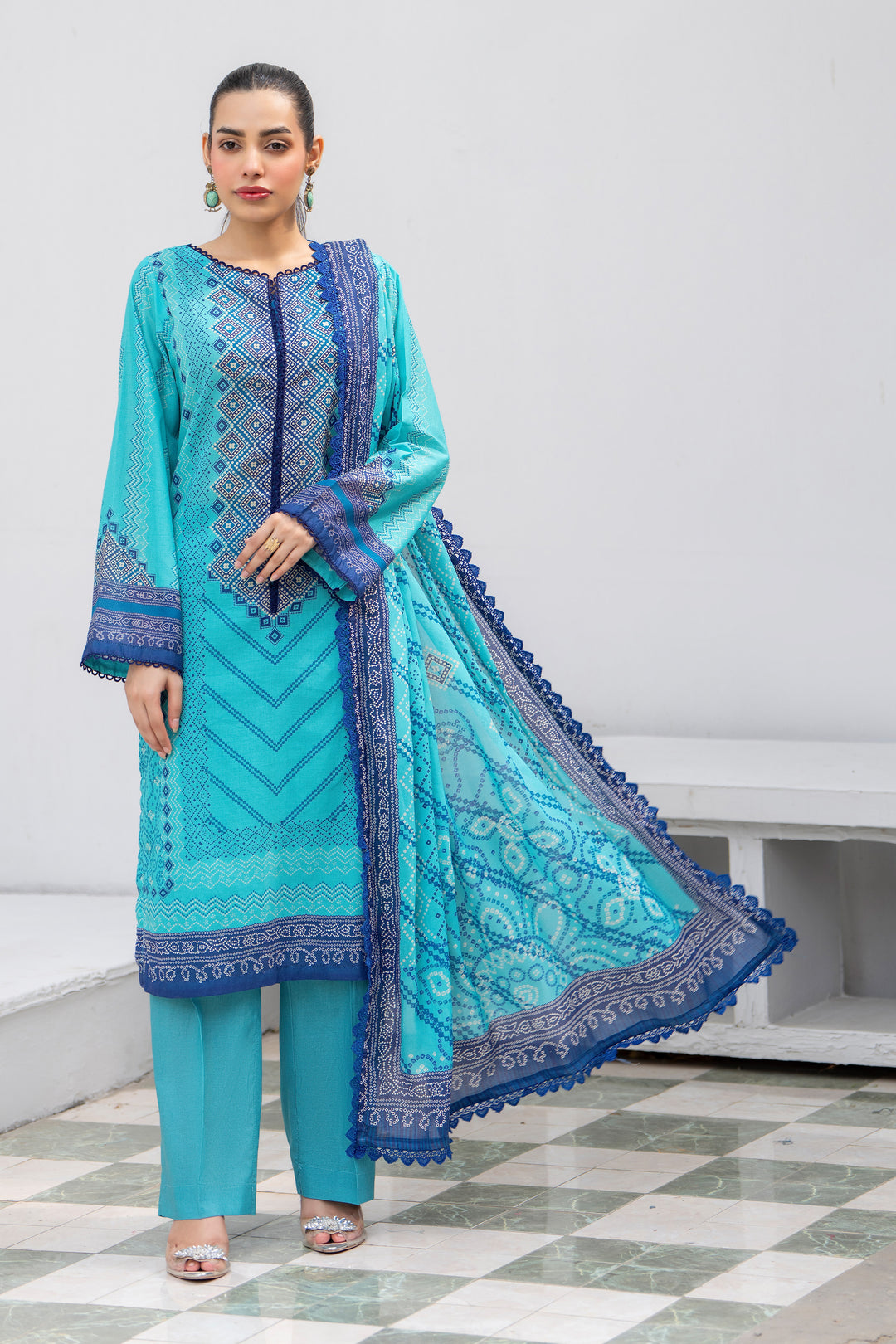 3 Pcs Unstitched Blue Premium Lawn - SU25V33-S2 - JACQUARD CLOTHING