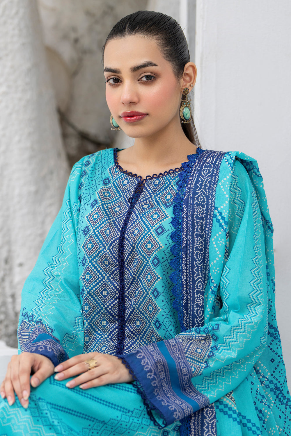 3 Pcs Unstitched Blue Premium Lawn - SU25V33-S2 - JACQUARD CLOTHING