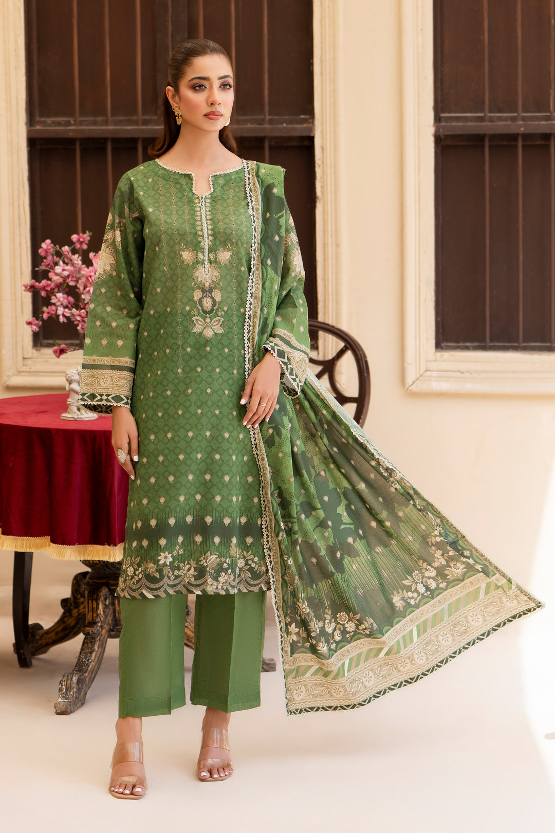 3 Pcs Unstitched Green Lawn - SU25V20-S7 - JACQUARD CLOTHING