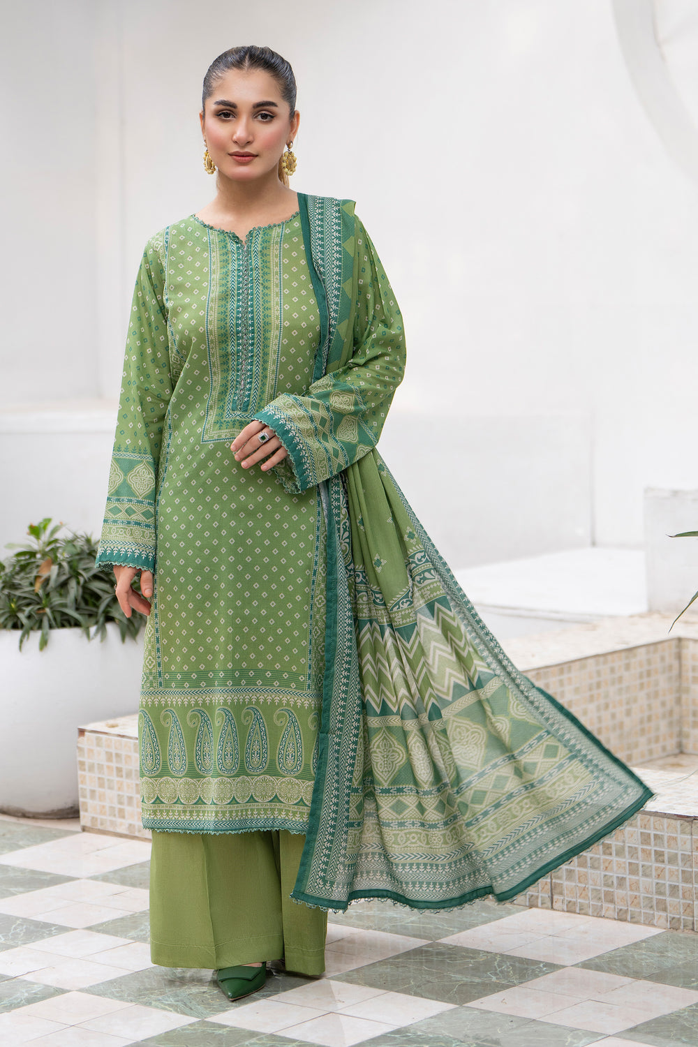 3 Pcs Unstitched Green Premium Lawn - SU25V31-S9 - JACQUARD CLOTHING