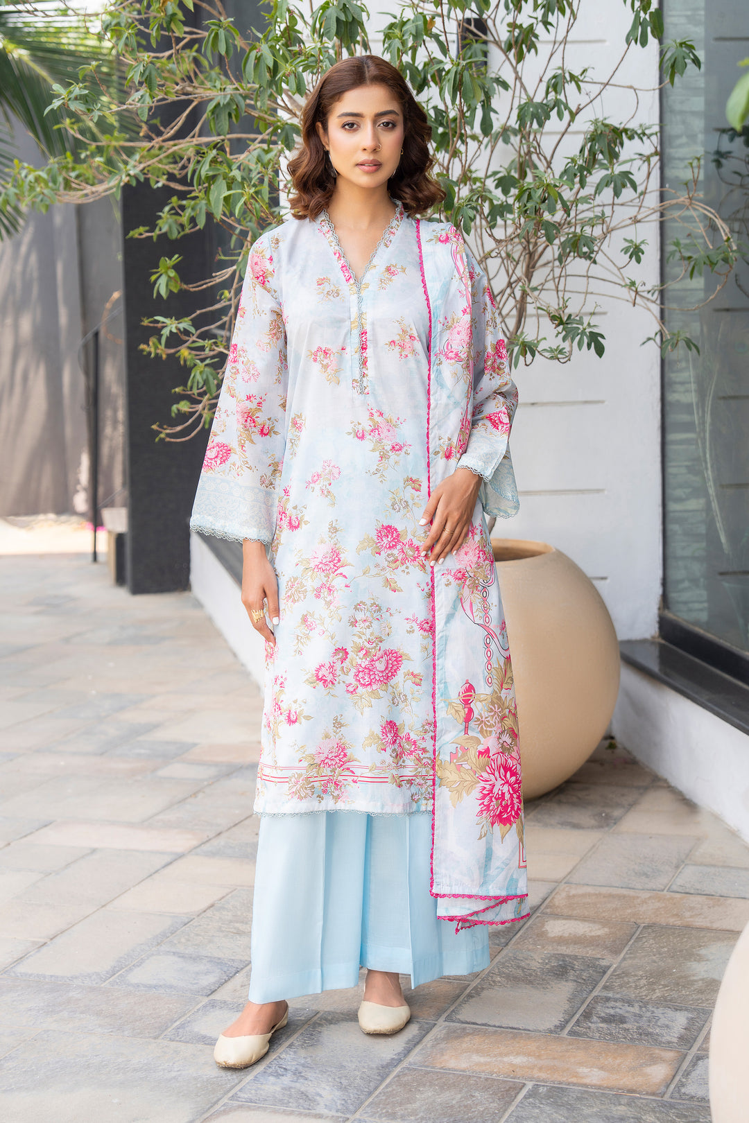 3 Pcs Unstitched Ice Blue Lawn - SU25V17-S1 - JACQUARD CLOTHING