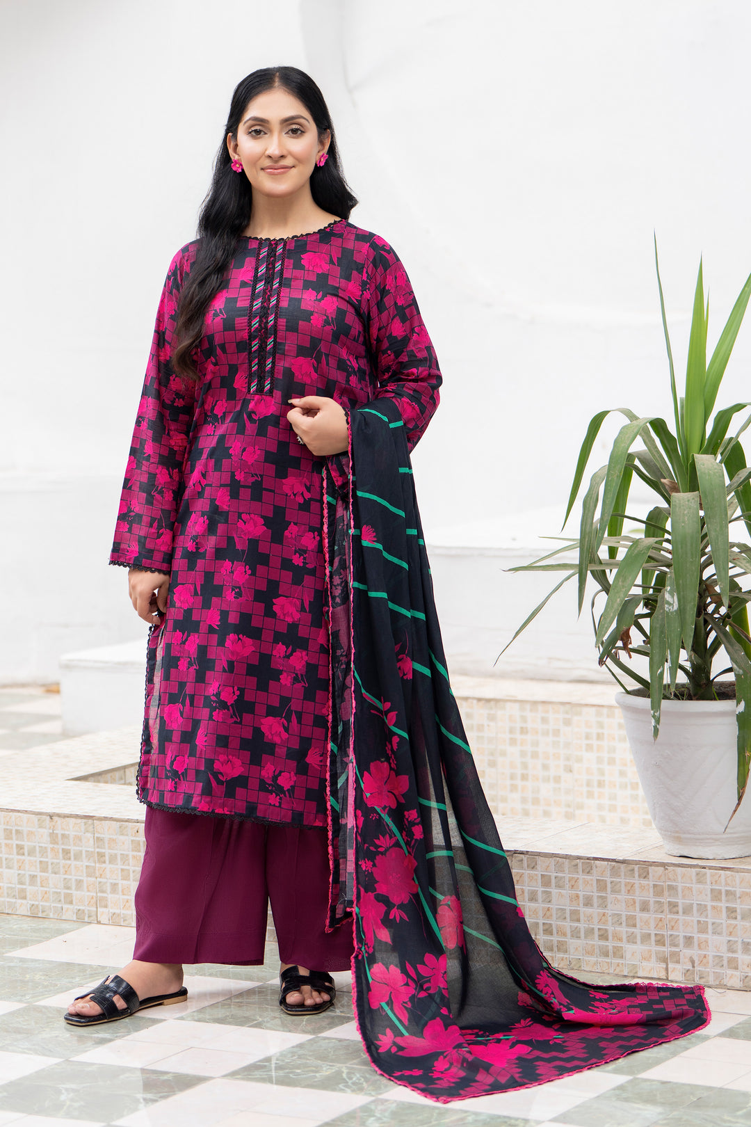 3 Pcs Unstitched Maroon Premium Lawn - SU25V33-S9 - JACQUARD CLOTHING