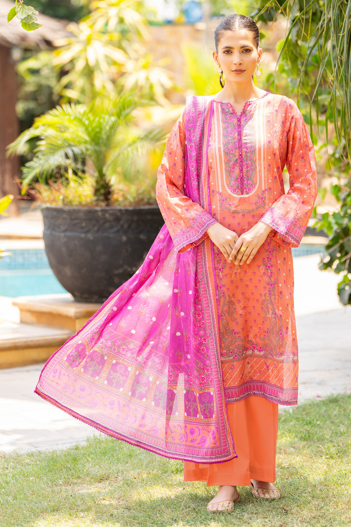 3 Pcs Unstitched Orange Lawn -SU25V17-S4 - JACQUARD CLOTHING