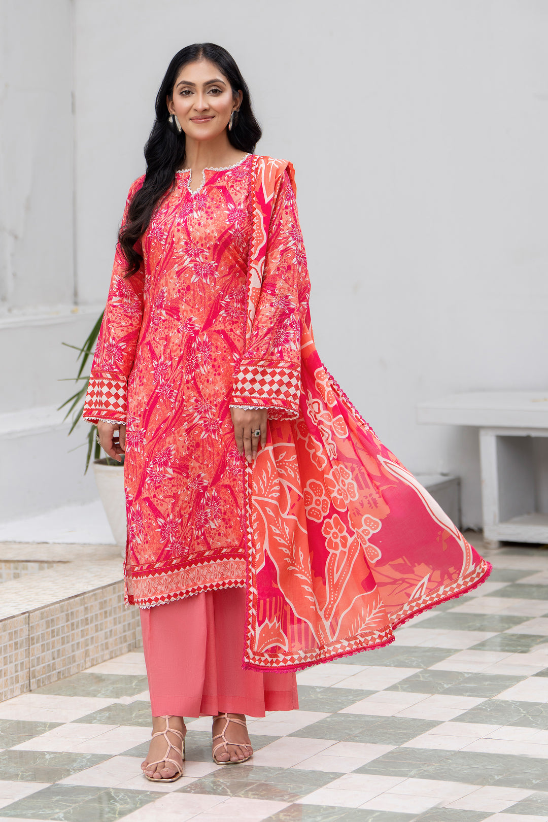 3 Pcs Unstitched Orange Premium Lawn - SU25V33-S8 - JACQUARD CLOTHING