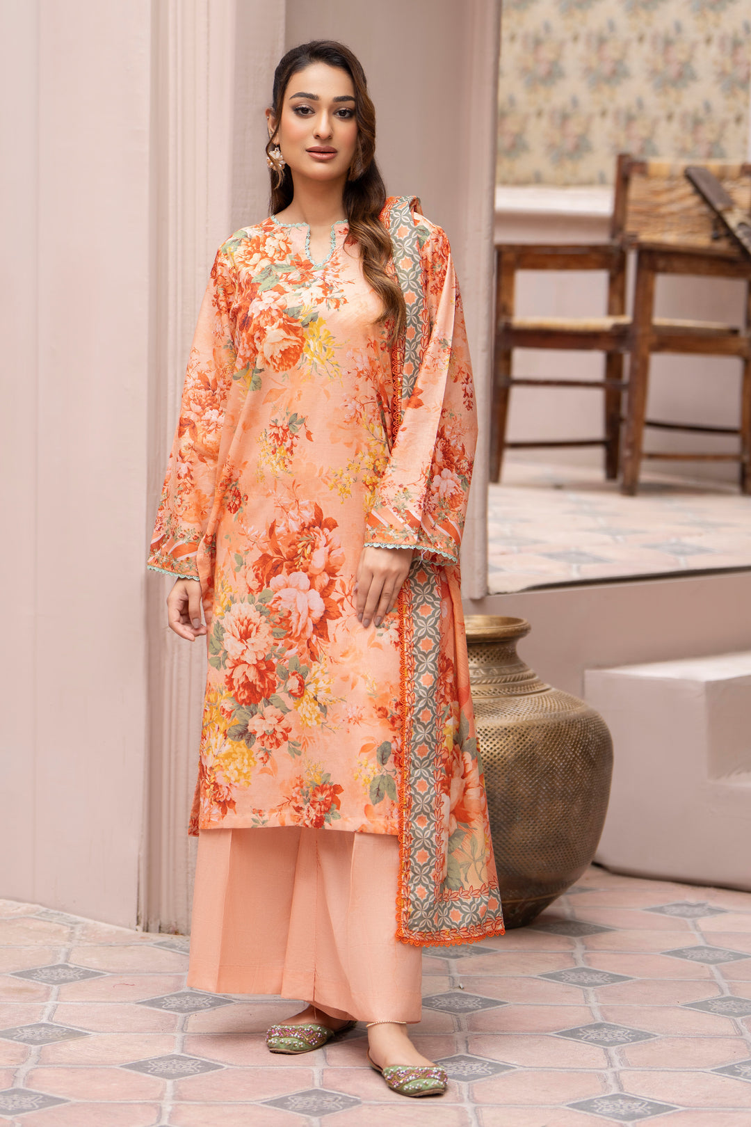 3 Pcs Unstitched Peach Lawn - SU25V24-S7 - JACQUARD CLOTHING