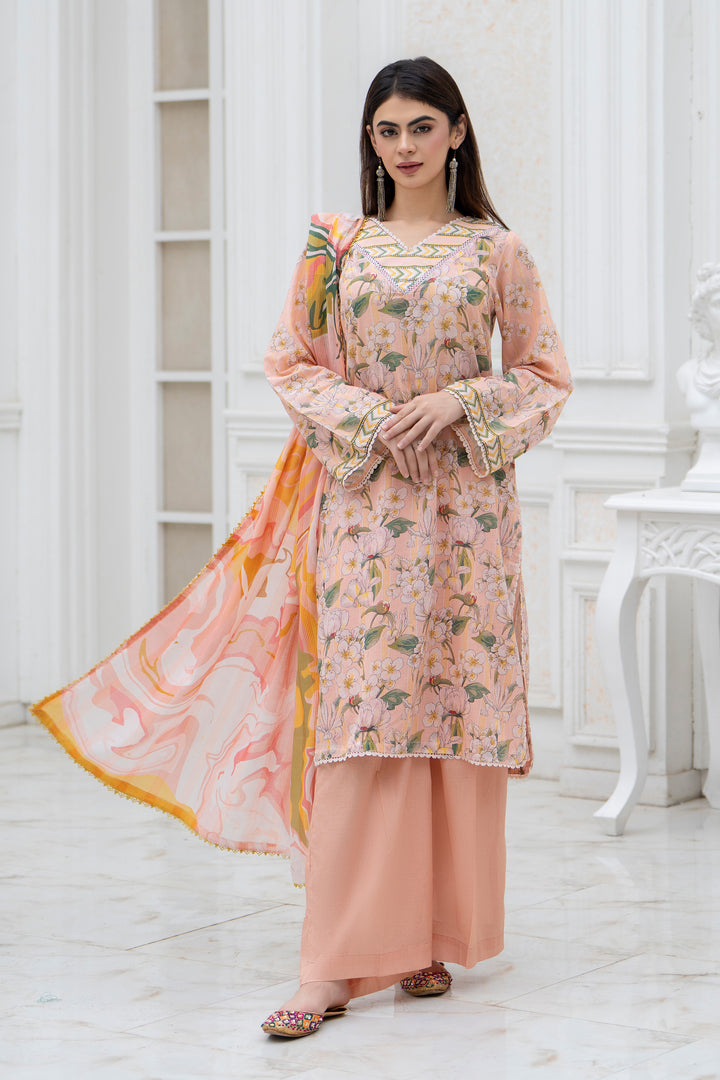 3 Pcs Unstitched Peach Lawn - SU25V28-S1 - JACQUARD CLOTHING