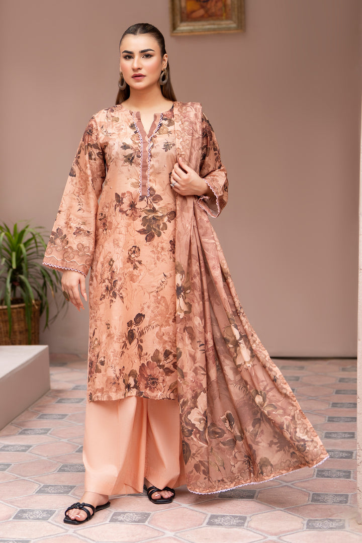 3 Pcs Unstitched Peach Lawn - SU25V23-S6 - JAQUARD CLOTHING