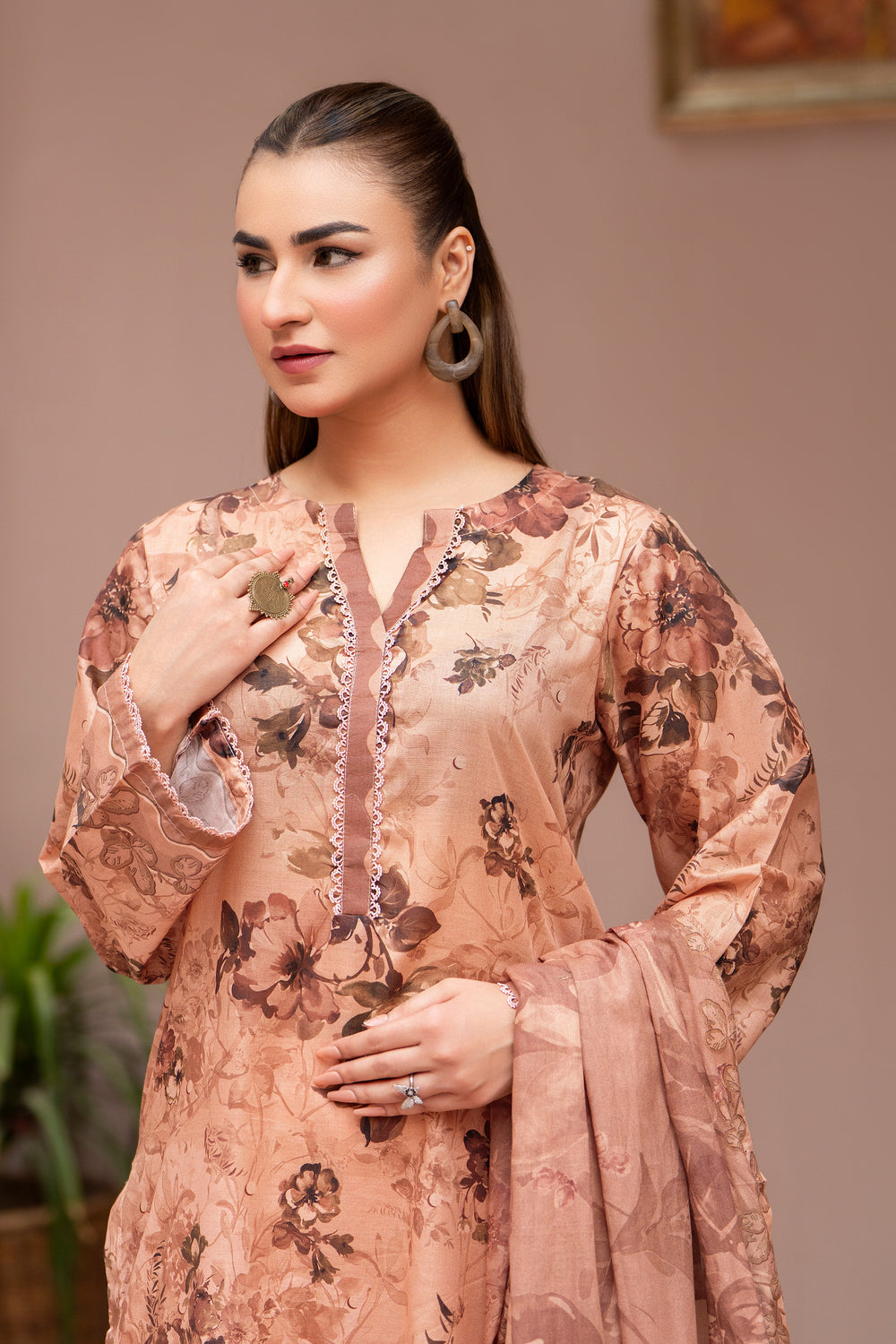 3 Pcs Unstitched Peach Lawn - SU25V23-S6 - JAQUARD CLOTHING