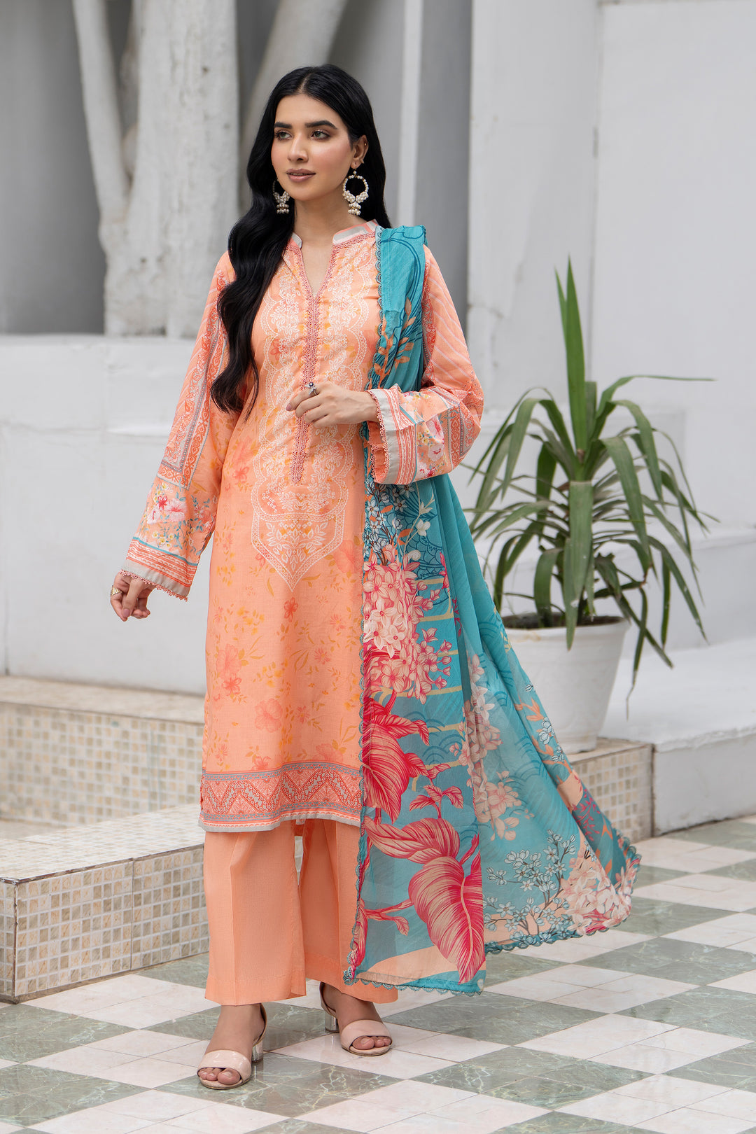 3 Pcs Unstitched Peach Premium Lawn - SU25V32-S4 - JACQUARD CLOTHING