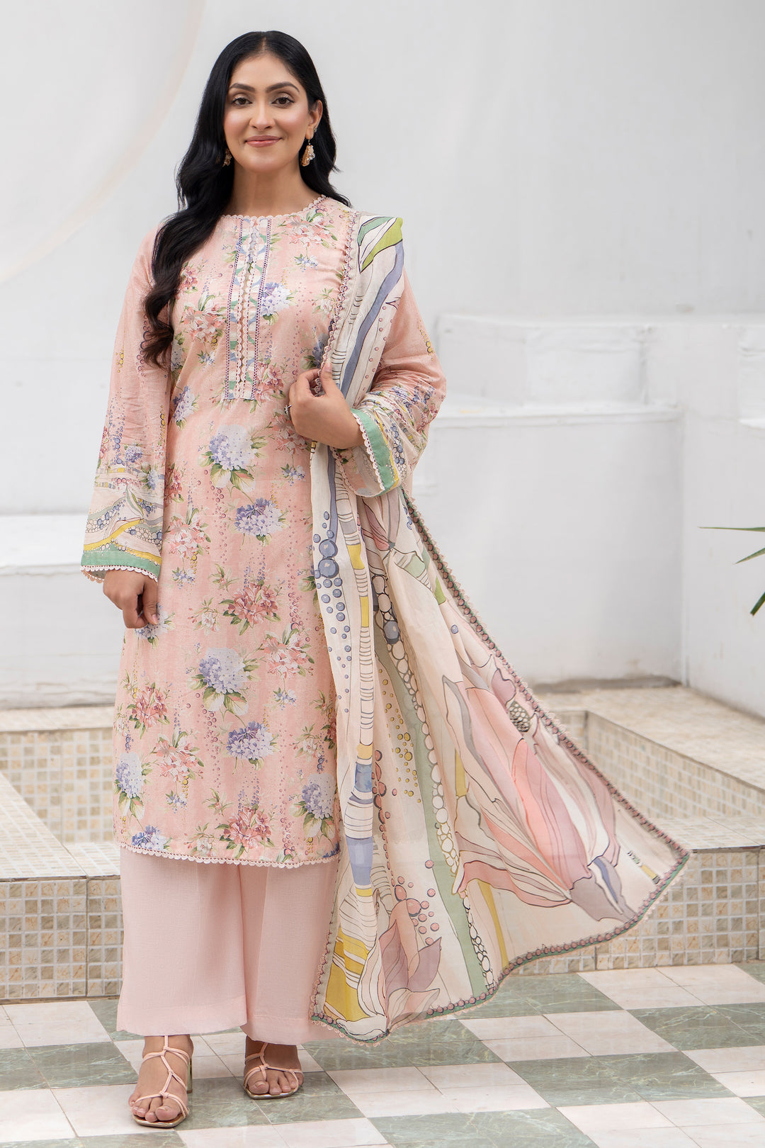 3 Pcs Unstitched Peach Premium Lawn - SU25V33-S10 - JACQUARD CLOTHING