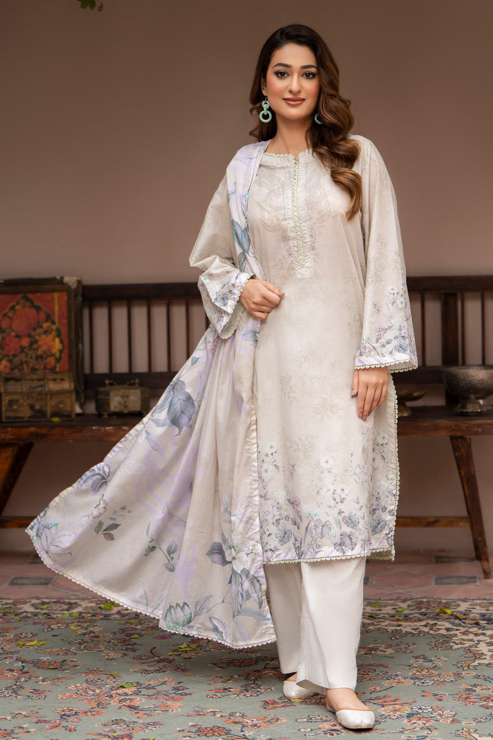 3 Pcs Unstitched Pearl White Lawn - SU25V24-S2 - JACQUARD CLOTHING