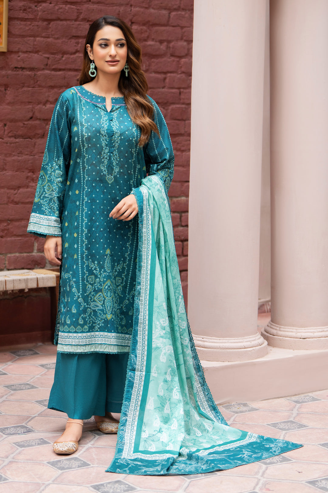 3 Pcs Unstitched Sea Green Lawn - SU25V23-S2 - JAQUARD CLOTHING