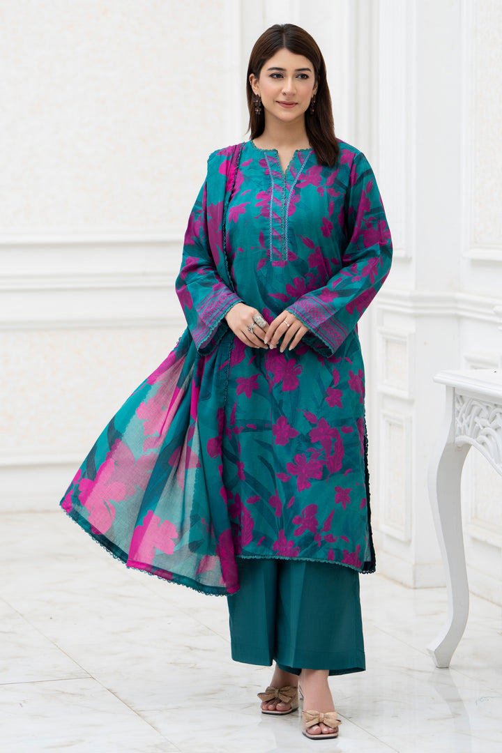 3 Pcs Unstitched Sea Green Lawn - SU25V30-S1 - JACQUARD CLOTHING