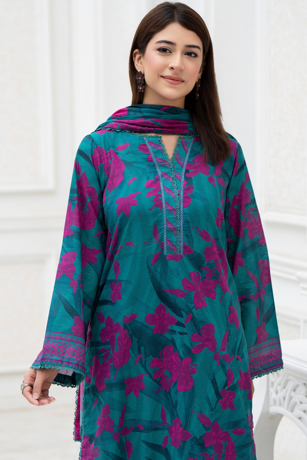 3 Pcs Unstitched Sea Green Lawn - SU25V30-S1 - JACQUARD CLOTHING