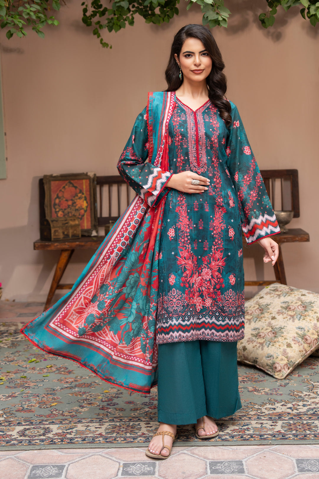 3 Pcs Unstitched Sea Green Lawn - SU25V25-S5 - JACQUARD CLOTHING