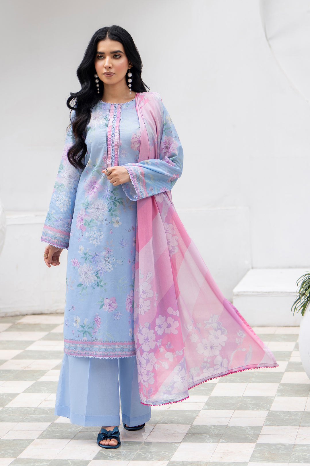 3 Pcs Unstitched Sky Blue Premium Lawn - SU25V31-S8 - JACQUARD CLOTHING