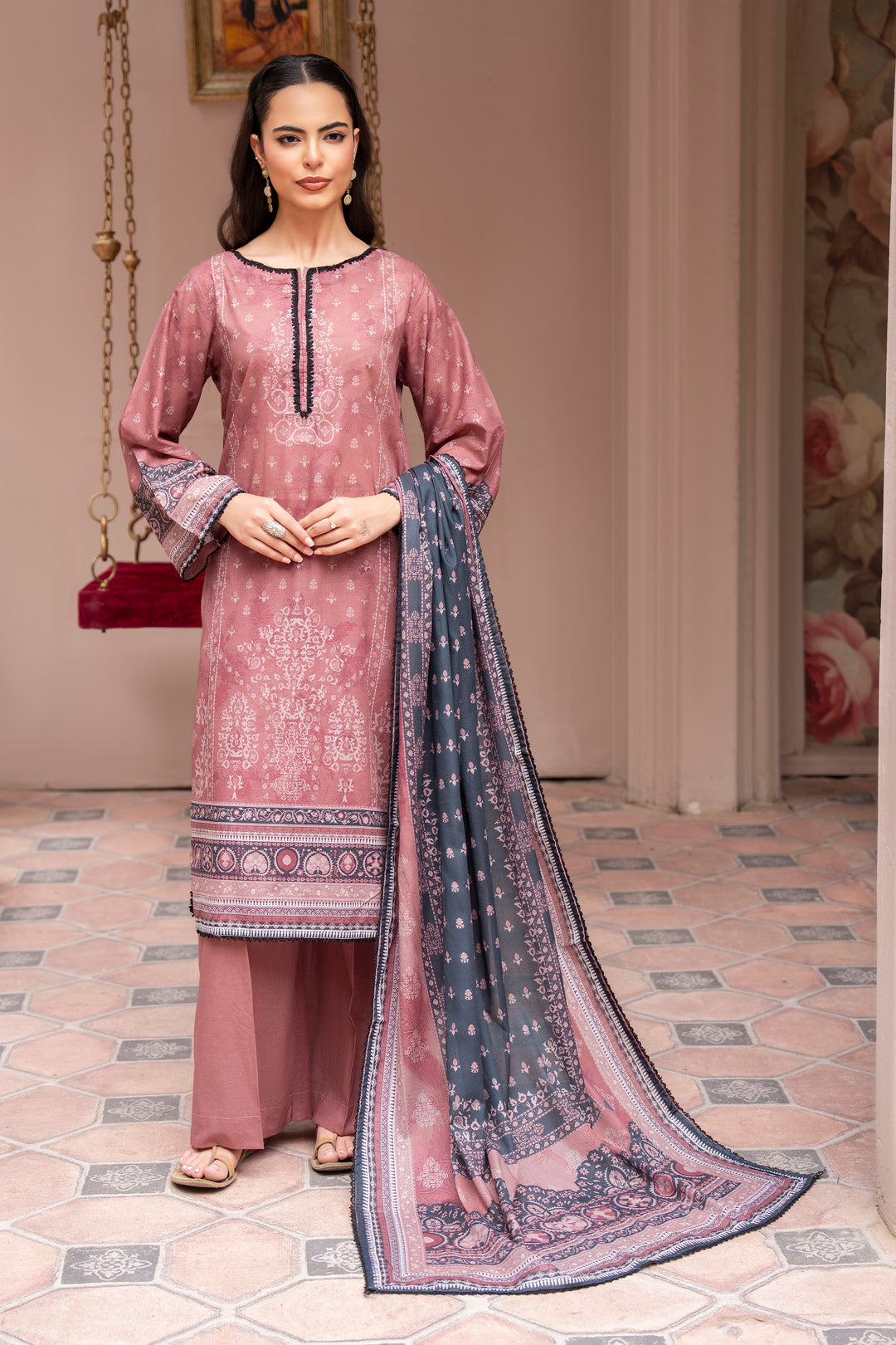3 Pcs Unstitched Tea Pink Lawn - SU25V25-S1 - JACQUARD CLOTHING