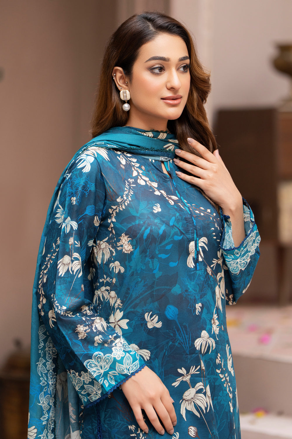 3 Pcs Unstitched Teal Lawn - SU25V22-S3 - JAQUARD CLOTHING