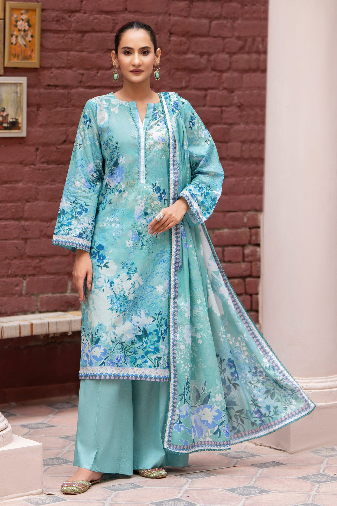 3 Pcs Unstitched Teal Lawn - SU25V25-S10 - JACQUARD CLOTHING