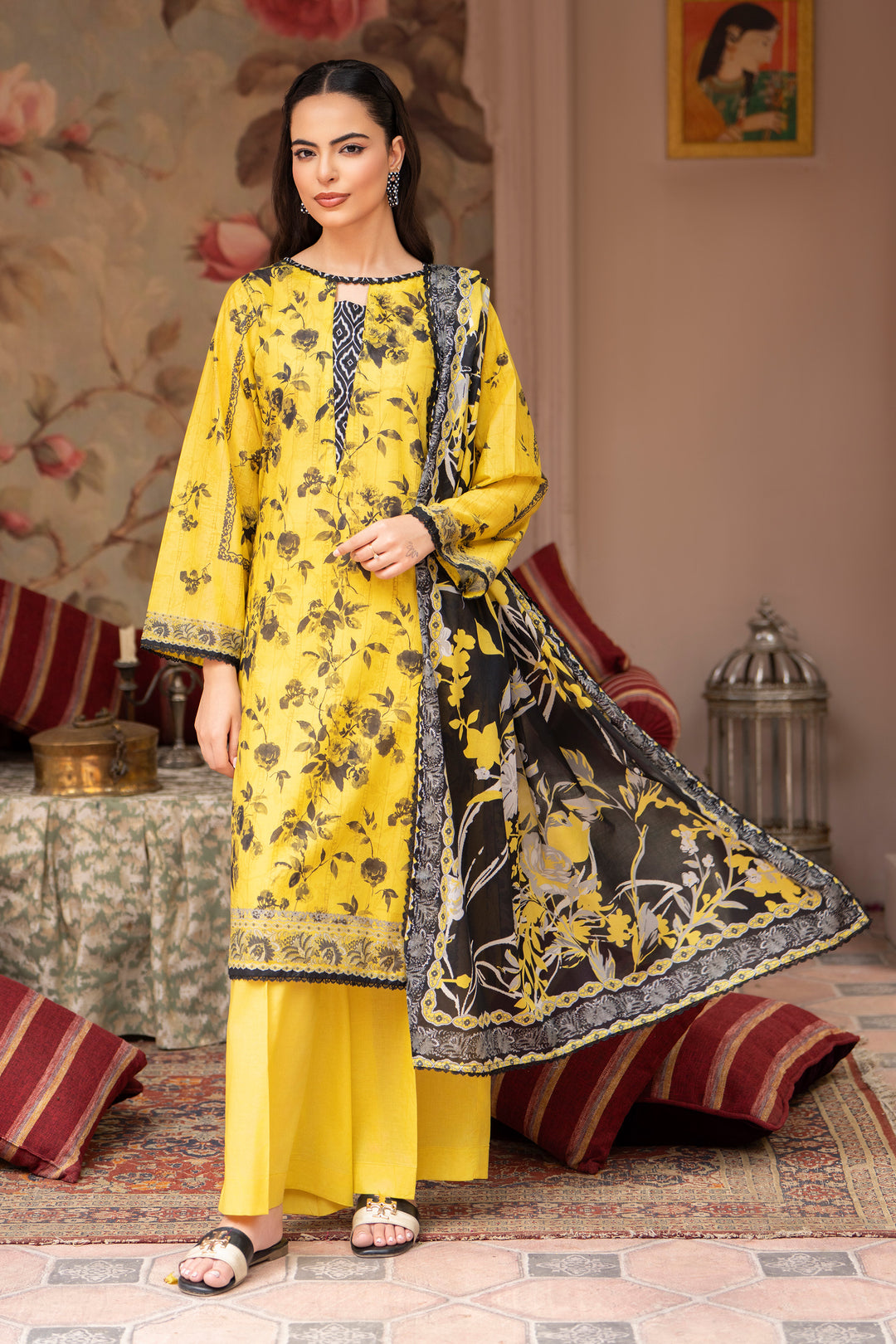 3 Pcs Unstitched Yellow Lawn - SU25V23-S9 - JAQUARD CLOTHING