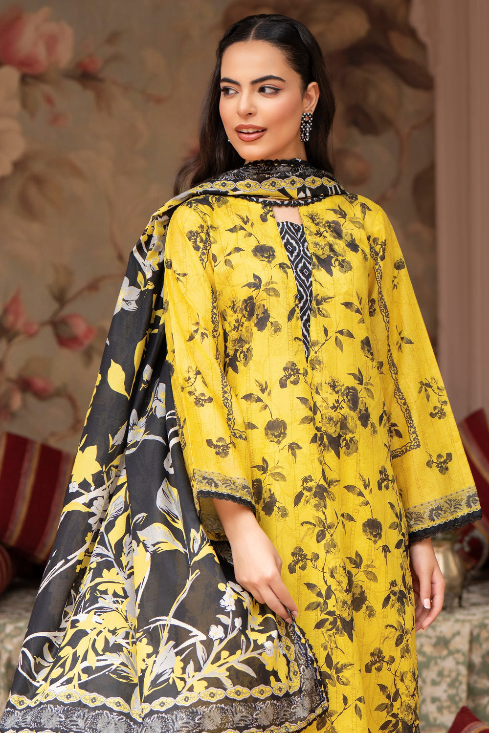 3 Pcs Unstitched Yellow Lawn - SU25V23-S9 - JAQUARD CLOTHING