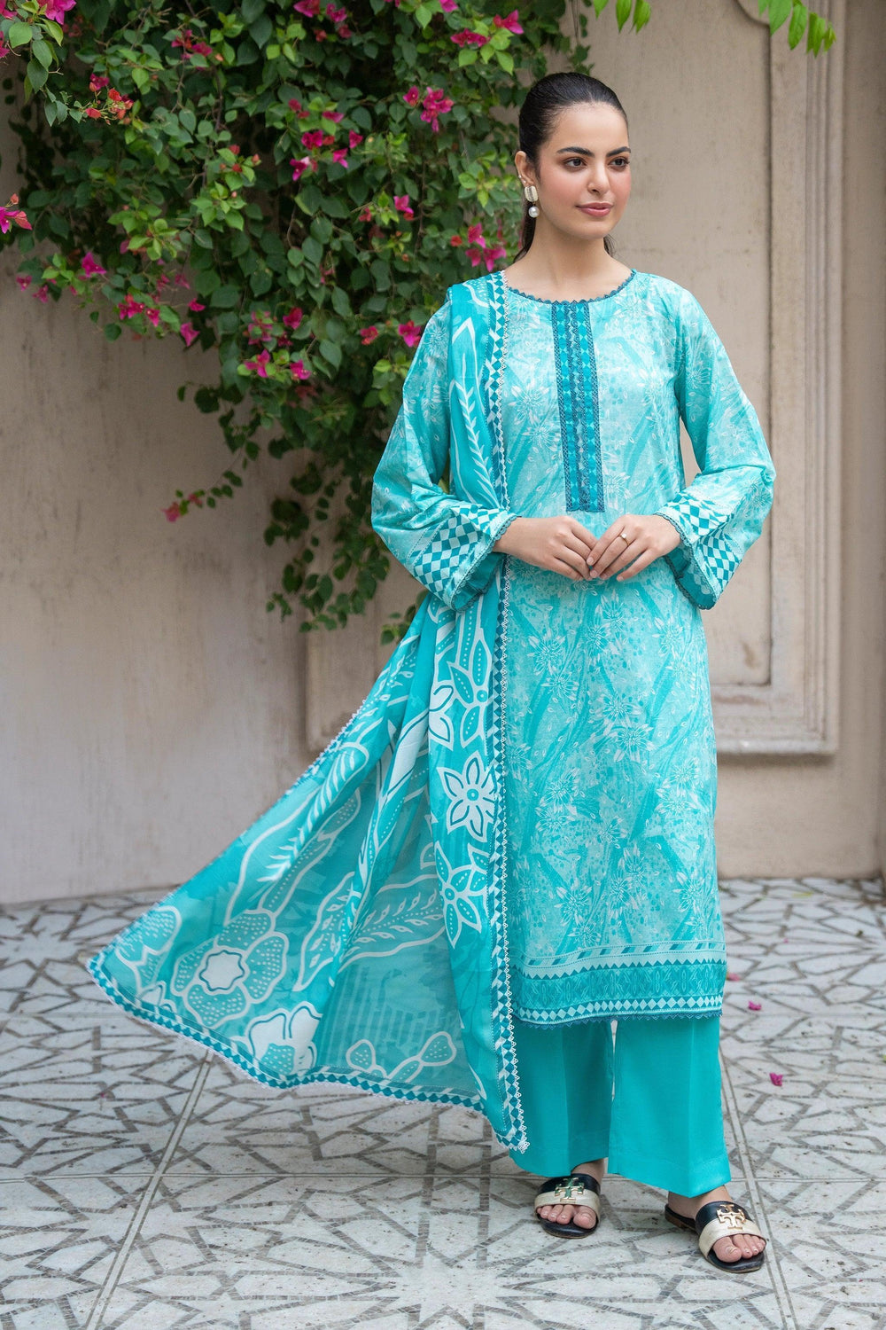 3 Piece Premium Unstitched Baby Blue Printed Lawn Suit - Jacquard Clothing Summer 2026