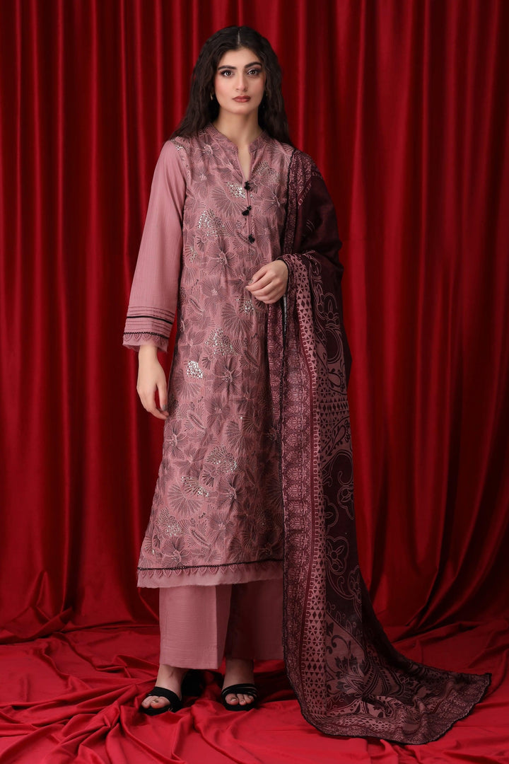 3 Piece Tea Pink Unstitched Khaddar - Jacquard Clothing
