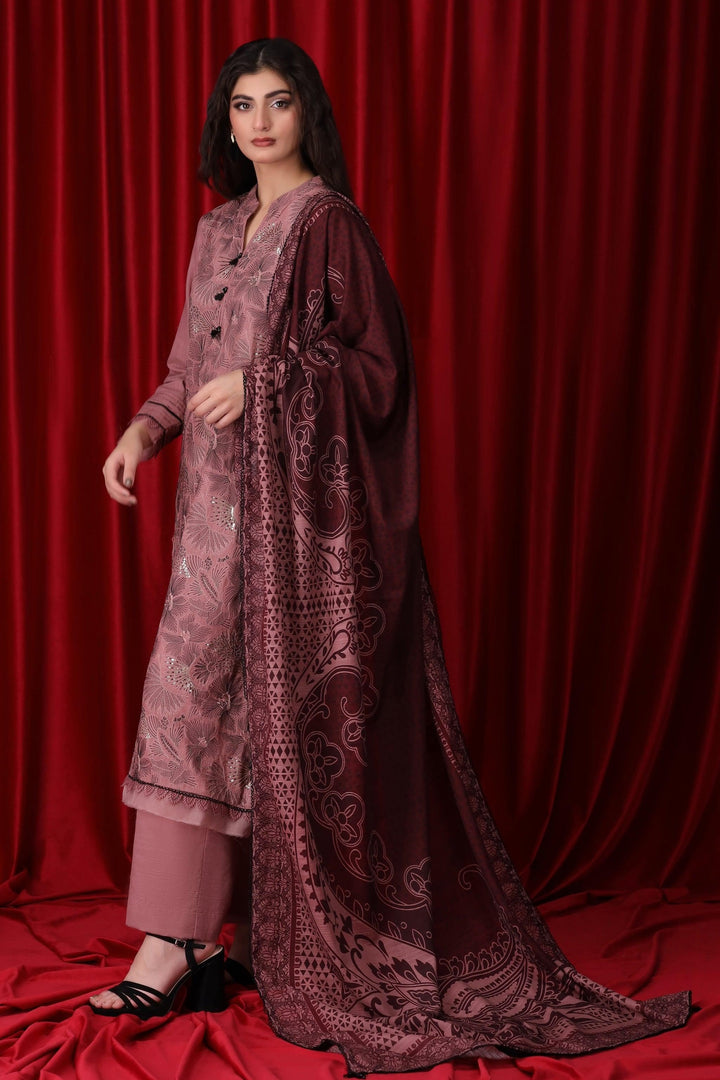 3 Piece Tea Pink Unstitched Khaddar - Jacquard Clothing