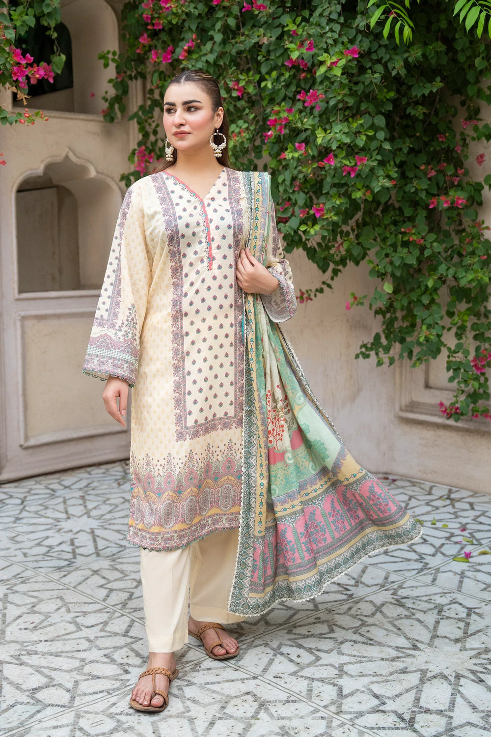 3 Piece Unstitched Almond Premium Printed Lawn - Jacquard Clothing