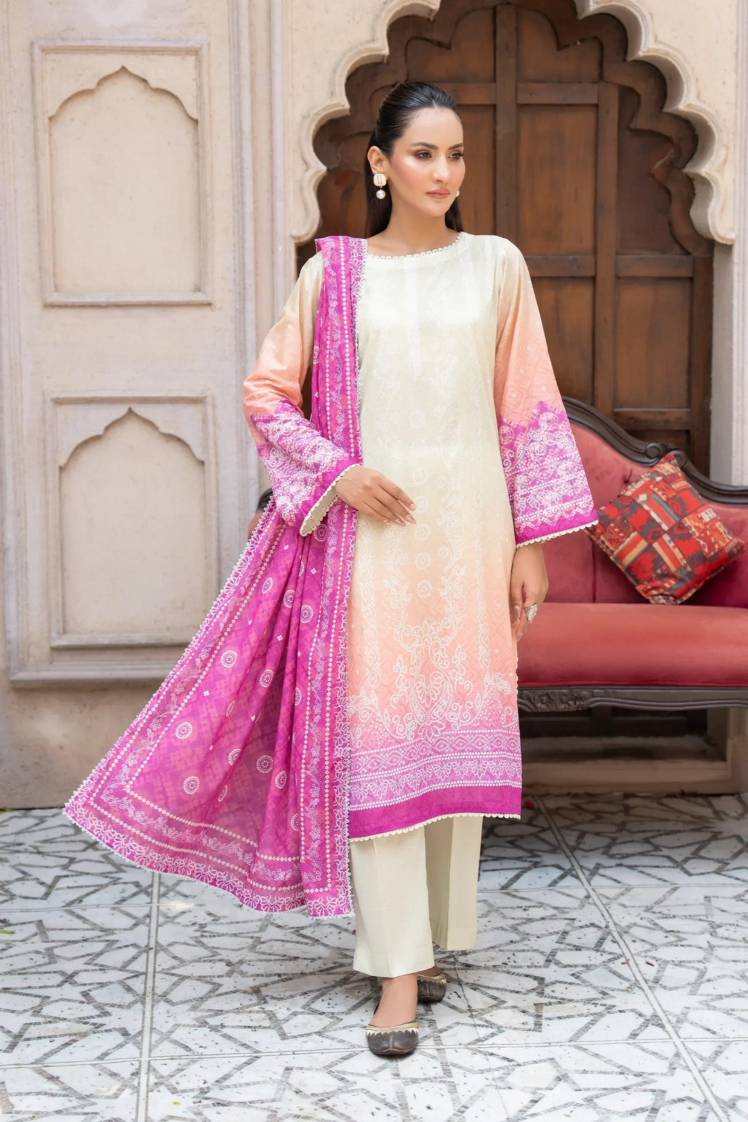 3 Piece Unstitched Antique White Premium Printed Lawn Suit - Jacquard Clothing Summer 2026