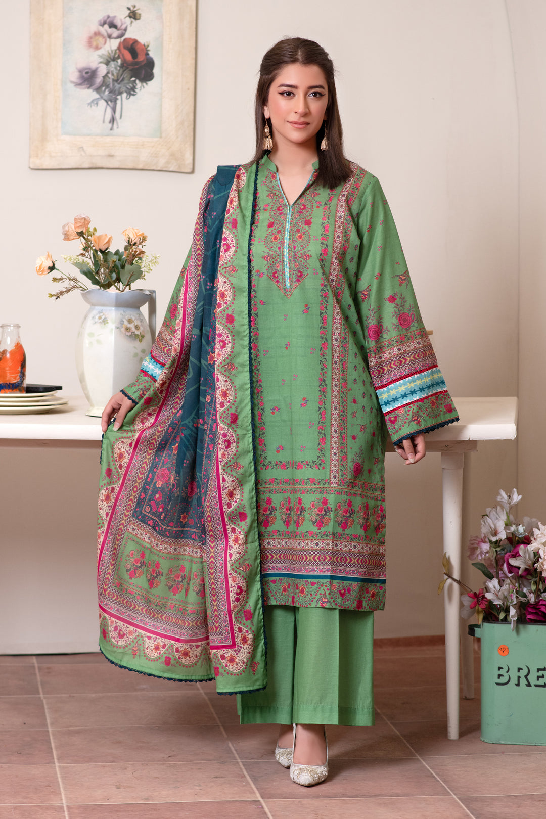 3 Piece Unstitched Apple Green Premium Lawn - SU25V14-S1 - JACQUARD CLOTHING