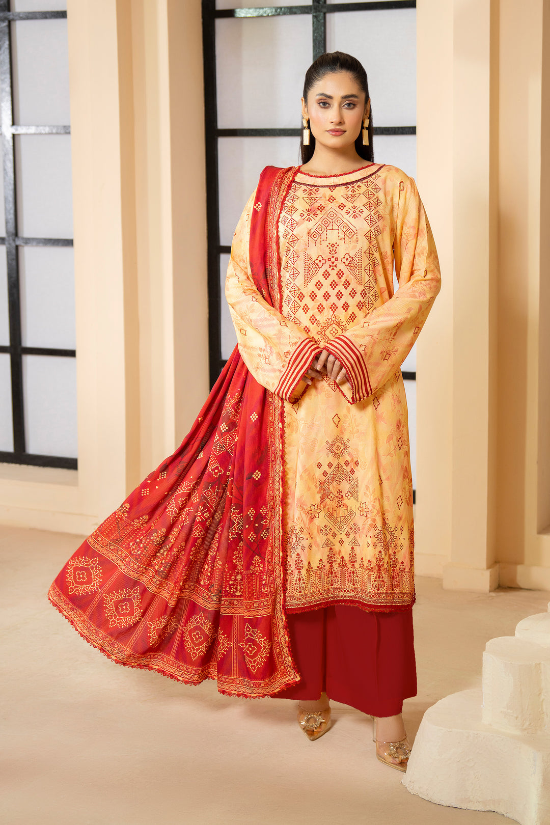 3 Piece Unstitched Apricot Printed Linen - W25CF1V1-S7 - JACQUARD CLOTHING