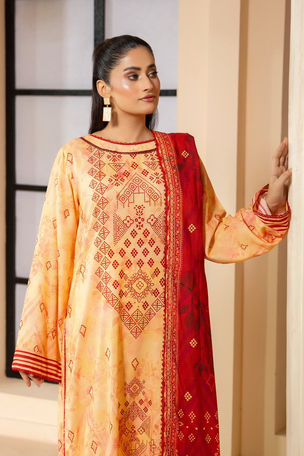 3 Piece Unstitched Apricot Printed Linen - W25CF1V1-S7 - JACQUARD CLOTHING