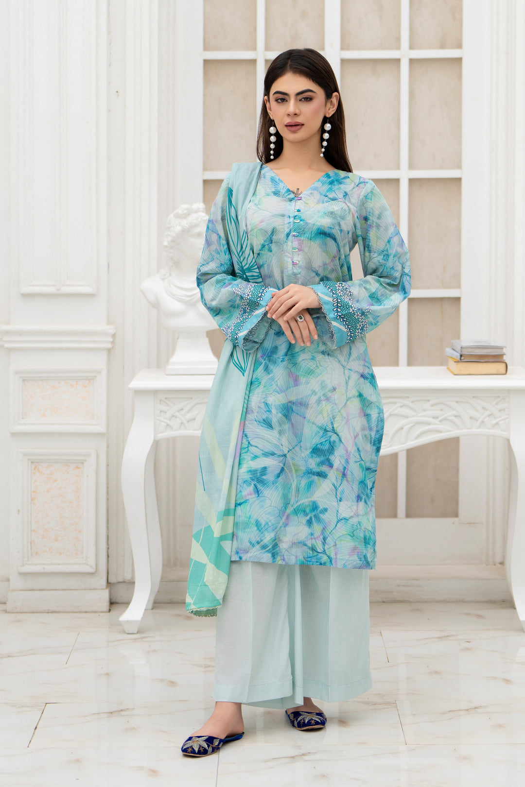 3 Piece Unstitched Aqua Blue Lawn - SU25V28-S3 - JACQUARD CLOTHING