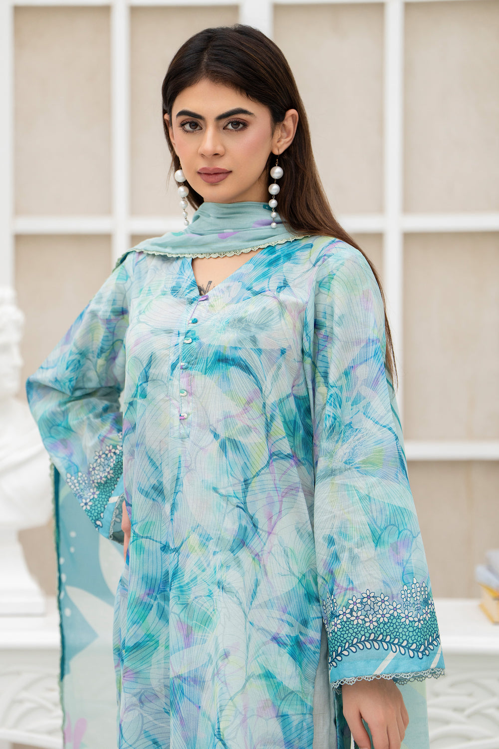 3 Piece Unstitched Aqua Blue Lawn - SU25V28-S3 - JACQUARD CLOTHING