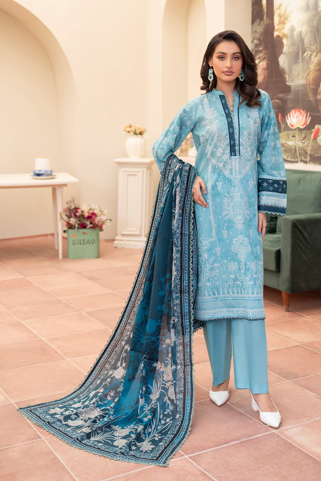 3 Piece Unstitched Aqua Blue Premium Lawn - SU25V14-S9 - JACQUARD CLOTHING
