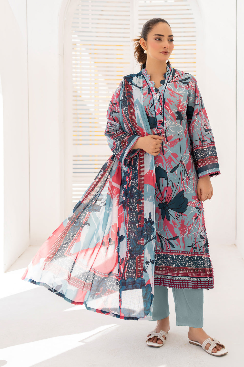 3 Piece Unstitched Ash Grey Premium Lawn - SU25V10-S3 - JACQUARD CLOTHING