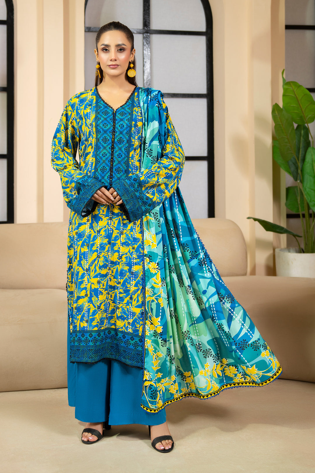 3 Piece Unstitched Azure Blue Printed Linen - W25CF1V1-S4 - JACQUARD CLOTHING