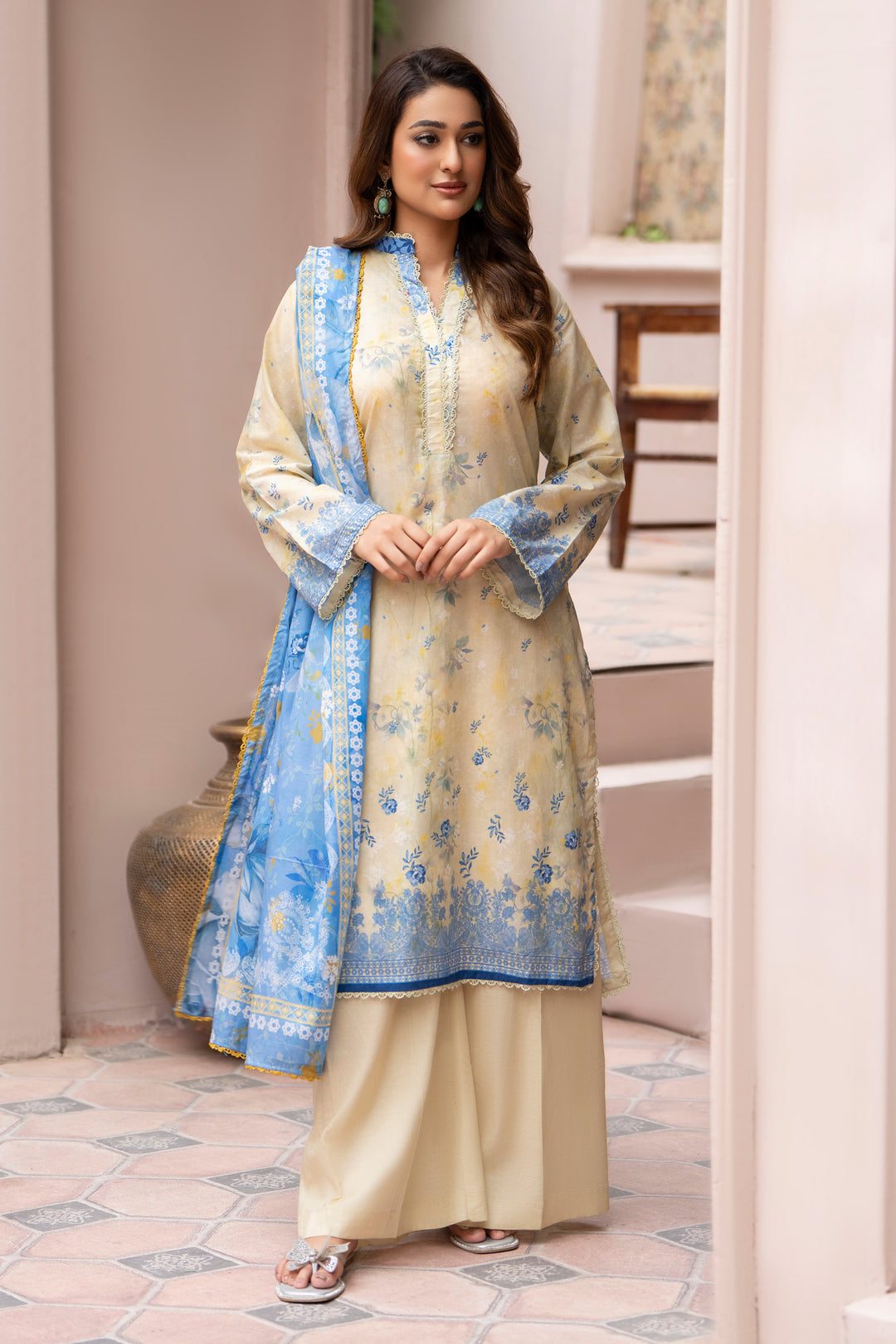 3 Piece Unstitched Beige Lawn - SU25V21-S3 - JAQUARD CLOTHING