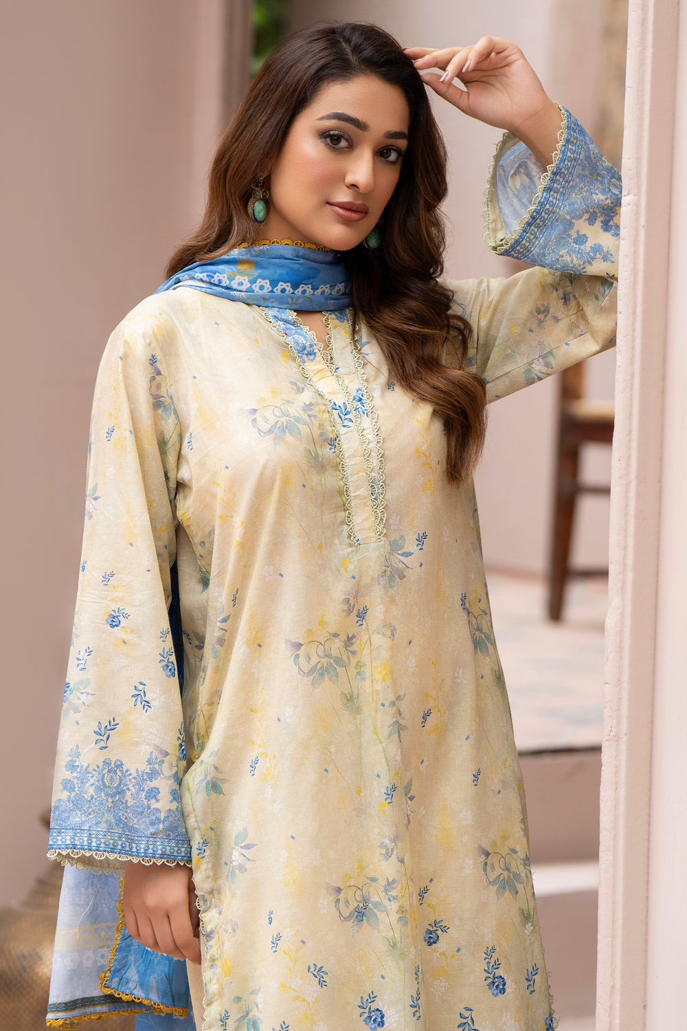 3 Piece Unstitched Beige Lawn - SU25V21-S3 - JAQUARD CLOTHING