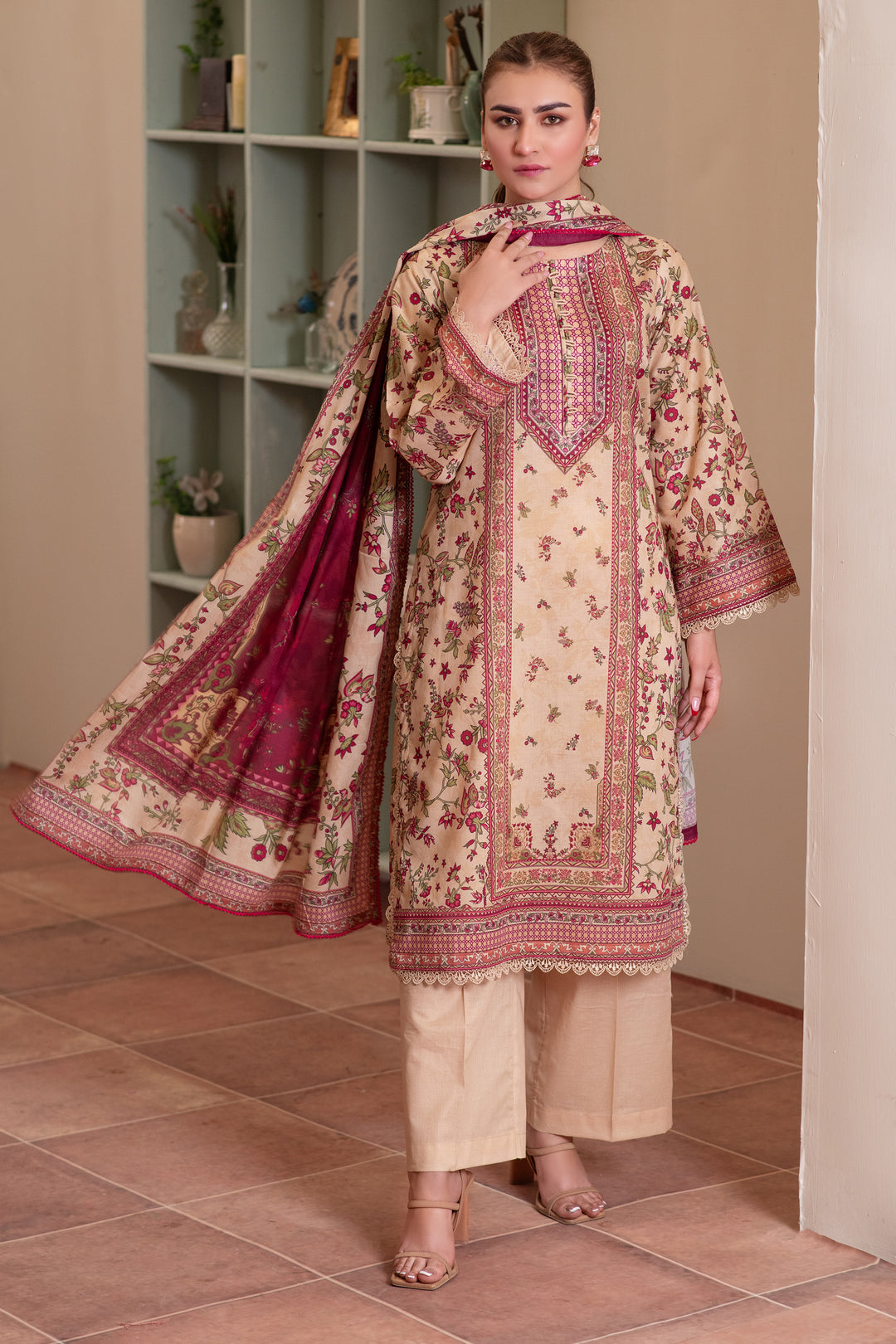 3 Piece Unstitched Beige Premium Lawn - SU25V14-S6 - JACQUARD CLOTHING